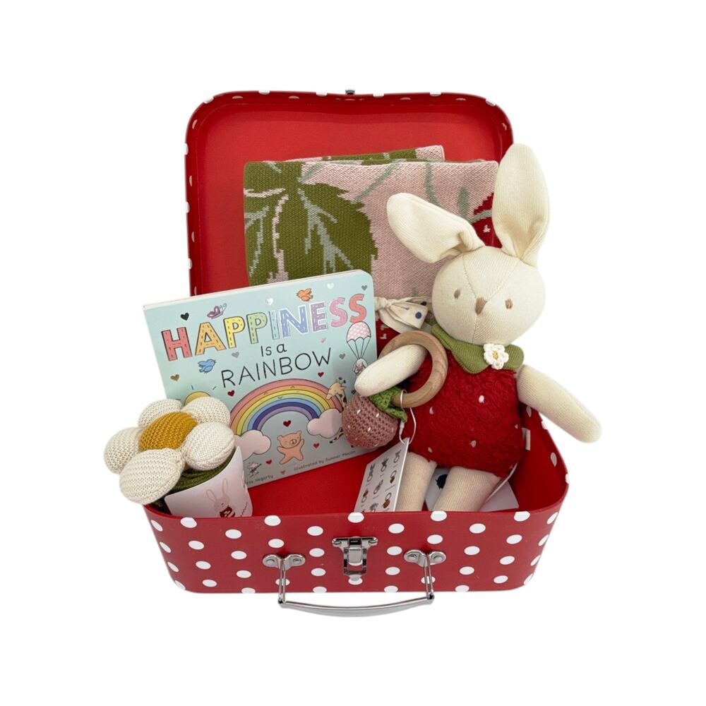 THE BLUEBERRY HILL Strawberry Bunny Baby Gift Basket: Paperboard Suitcase